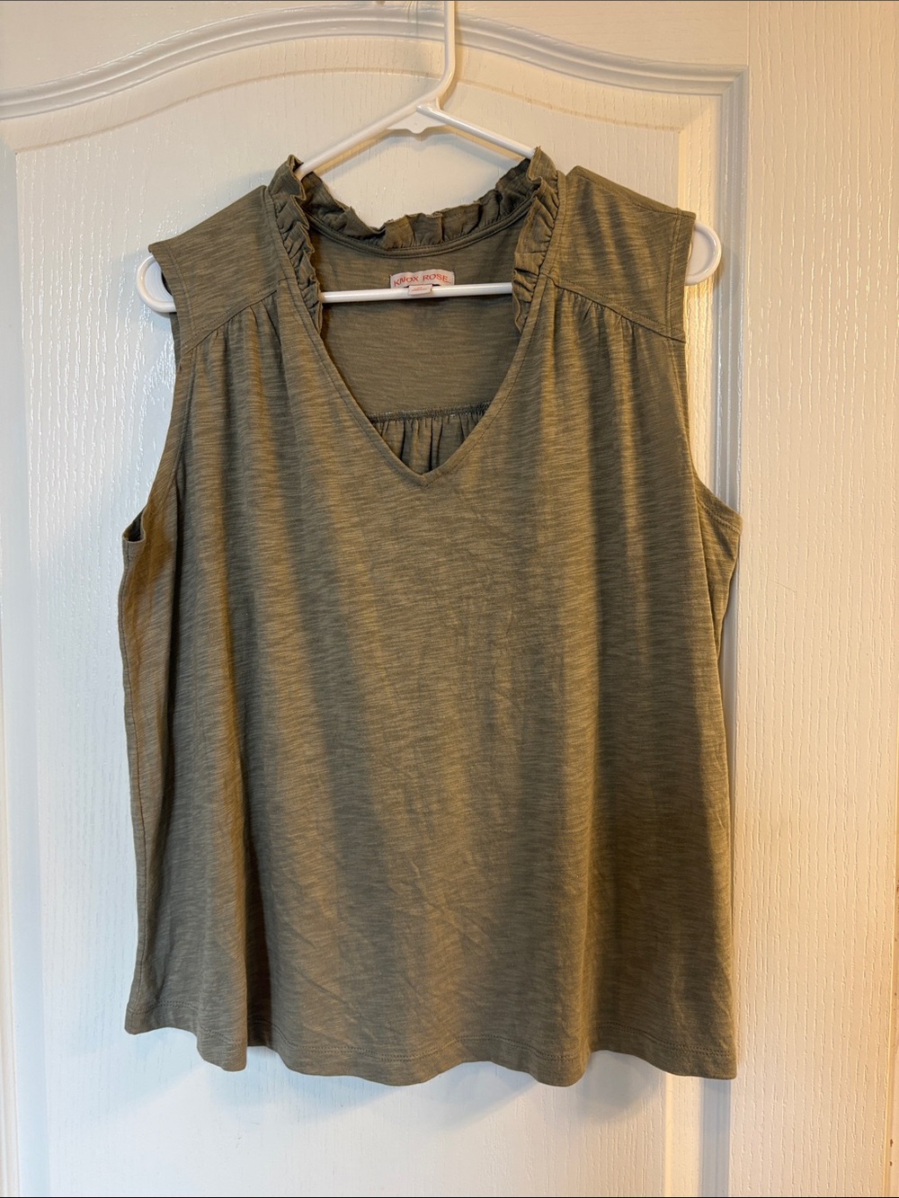Knox Rose Olive Green Ruffle Trim Sleeveless V-Neck Tank
